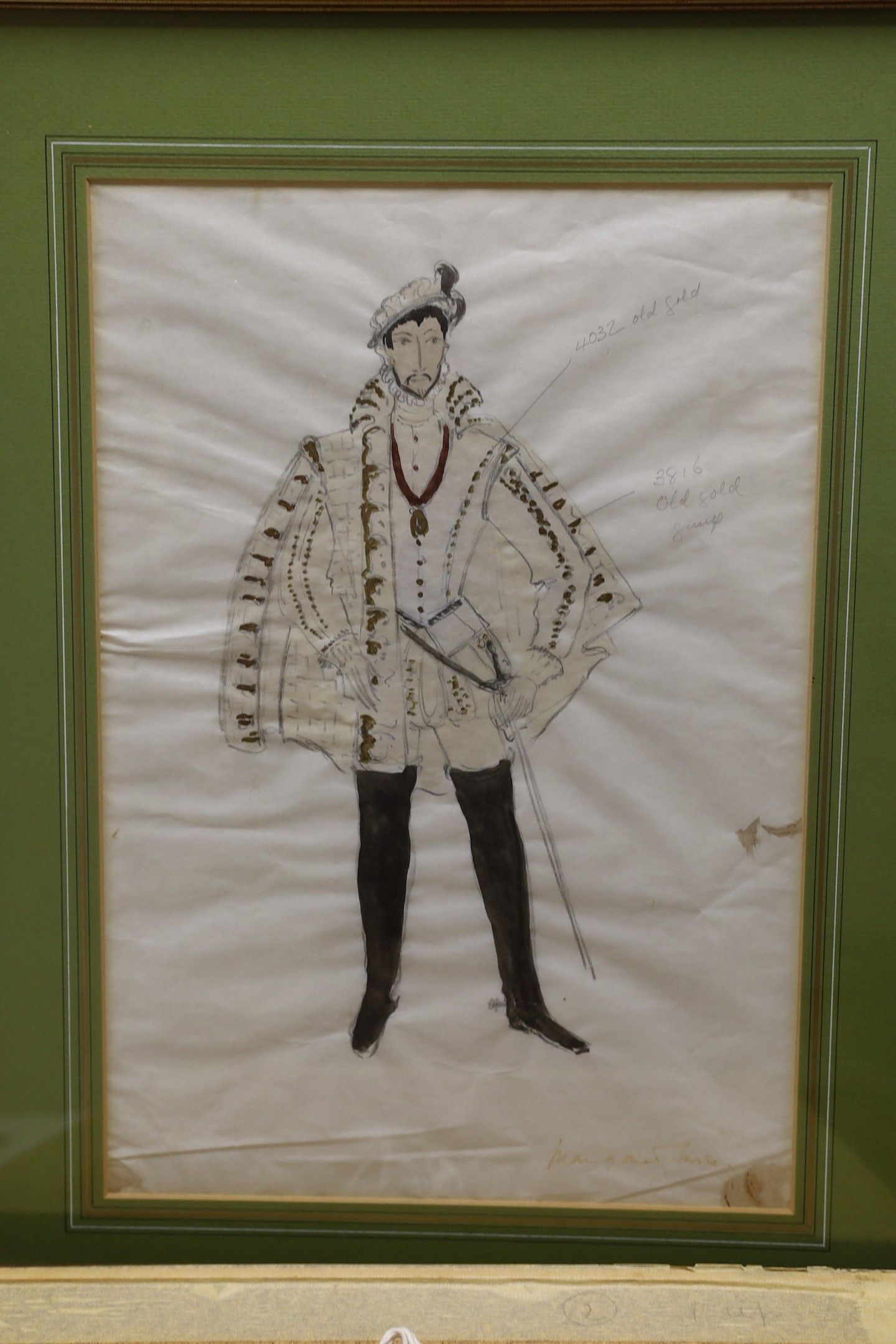 Margaret Furse, four pencil and watercolour costume designs, together with eight black and white photographs of Universal Pictures film, Mary, Queen of Scots, watercolours 39 x 27cm, photographs 61 x 50cm